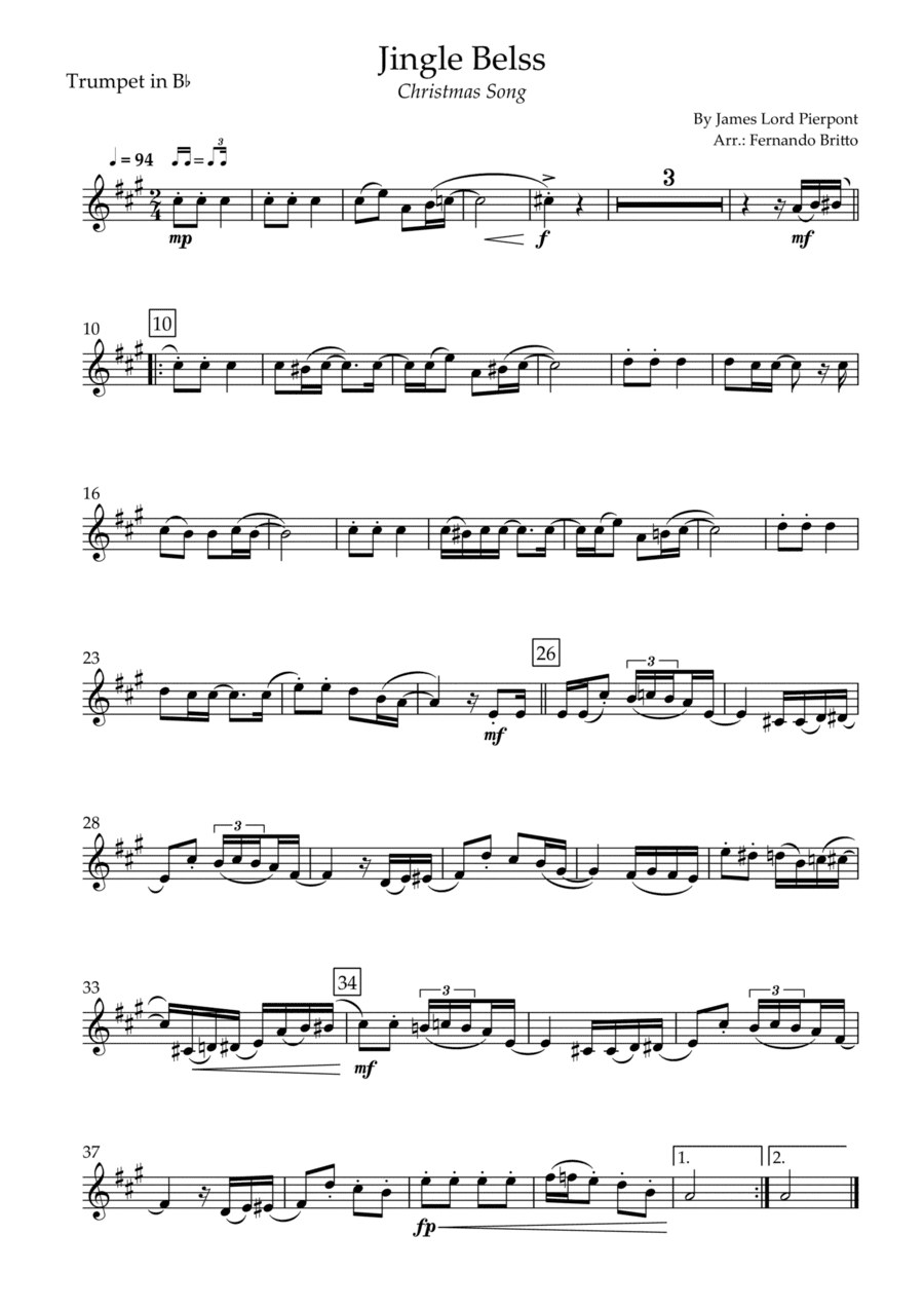 Jingle Bells - Jazz Version (Christmas Song) for Trumpet in Bb Solo (arr. Fernando Britto)