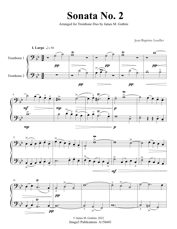Loeillet: Sonata No. 2 for Trombone Duo (arr. James M. Guthrie)