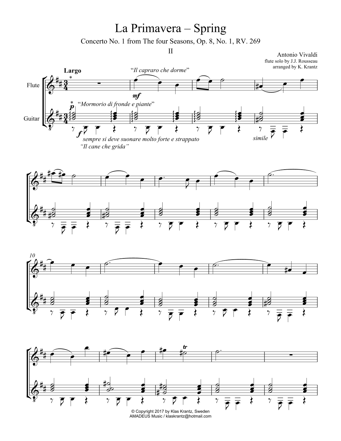 Largo (ii) from La Primavera (Spring) RV. 269 for flute (violin) and guitar (arr. K. Krantz)