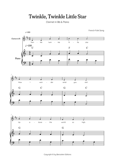 Twinkle, Twinkle Little Star • Easy clarinet sheet music with easy piano accompaniment with chords (arr. Benzaiten Editions)