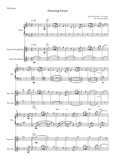Amazing Grace for Soprano Saxophone & Tenor Saxophone Duo and Piano Accompaniment with Chords (arr. Fernando Britto)