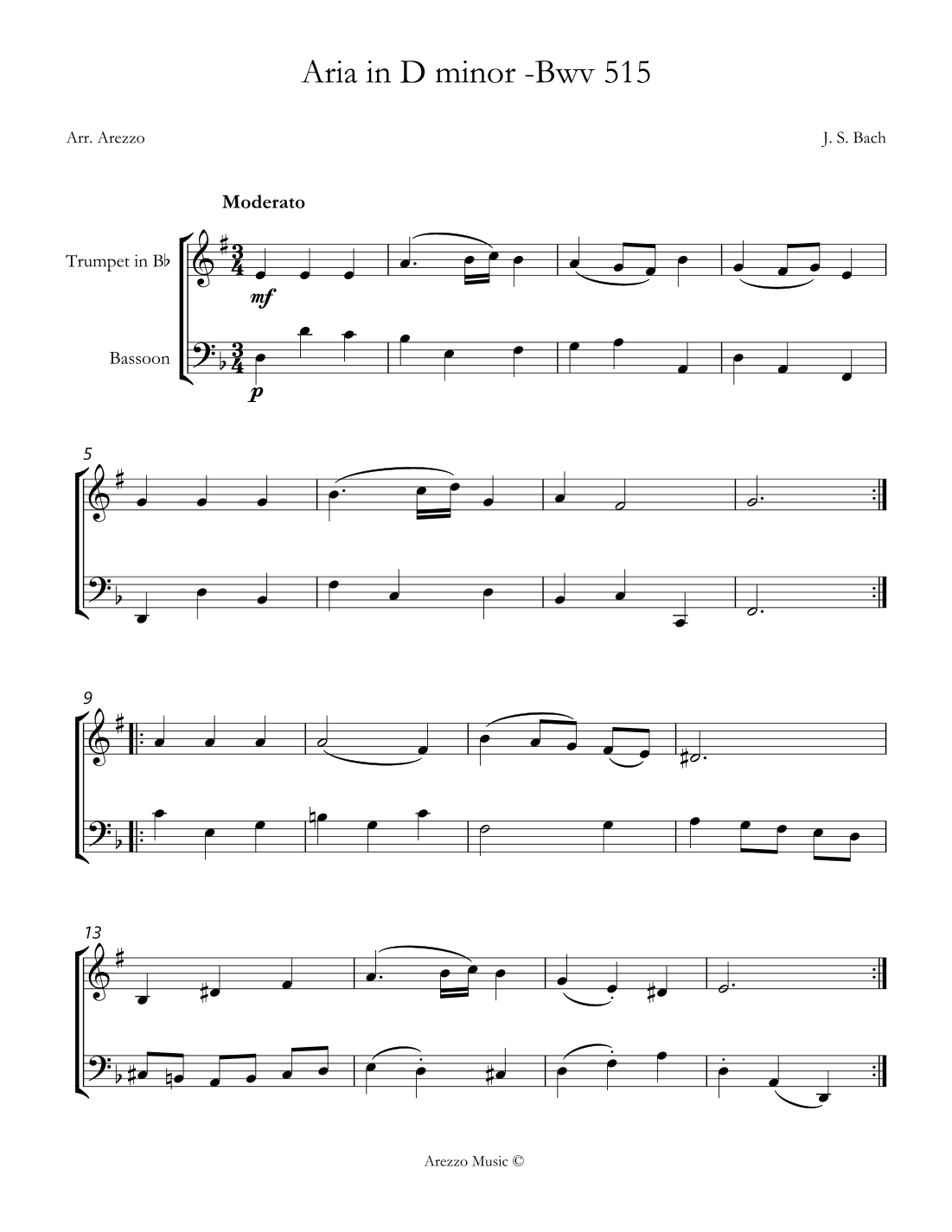 aria bwv 515 for trumpet and bassoon sheet music (arr. Arezzo Music)