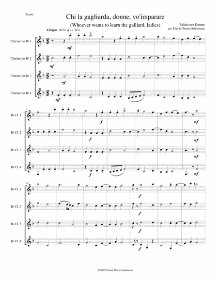 Chi la gagliarda (Whoever wants to learn the galliard) arranged for 4 clarinets (arr. David Warin Solomons)