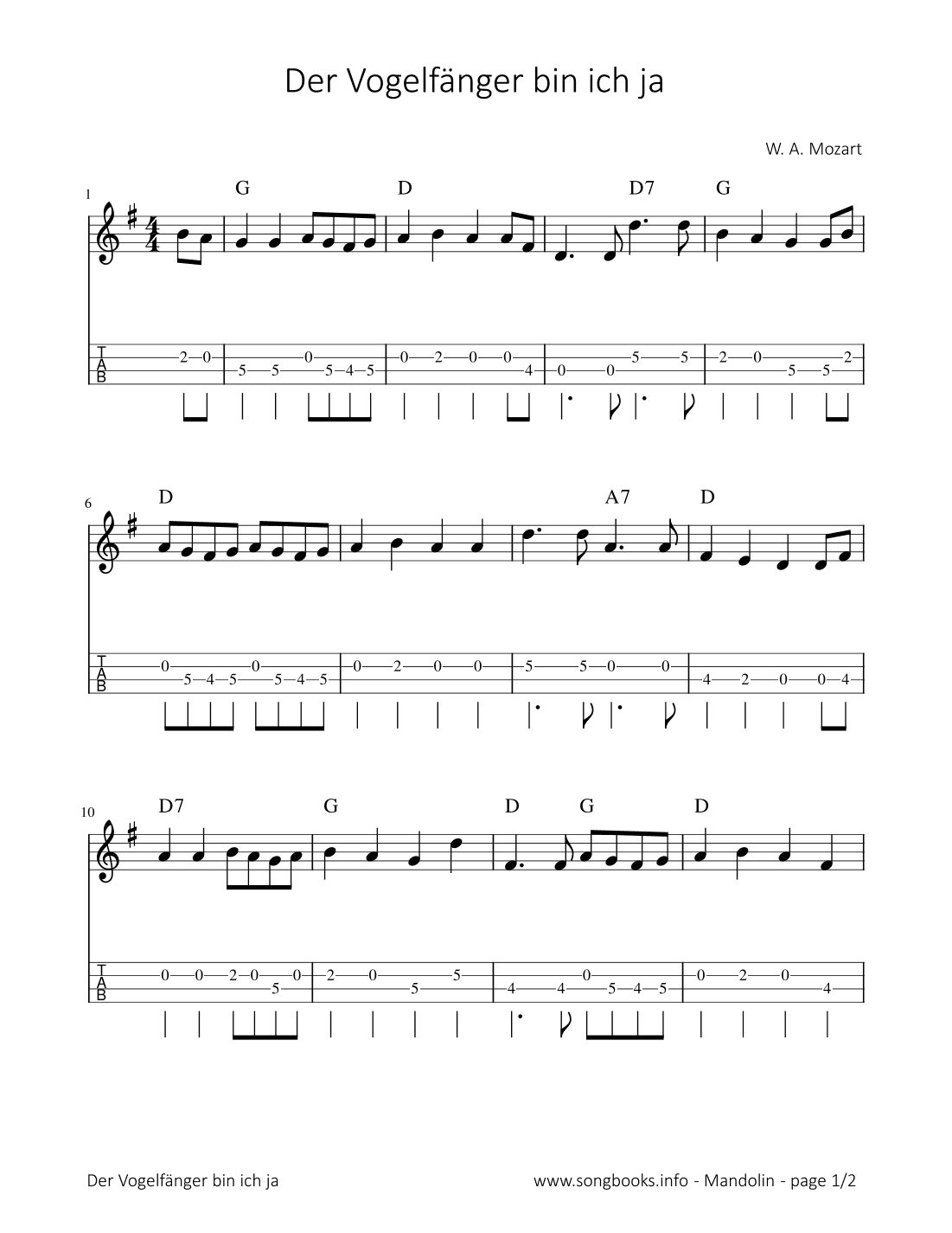 Der Vogelfänger bin ich ja - W. A. Mozart (arr. songbooks.info)