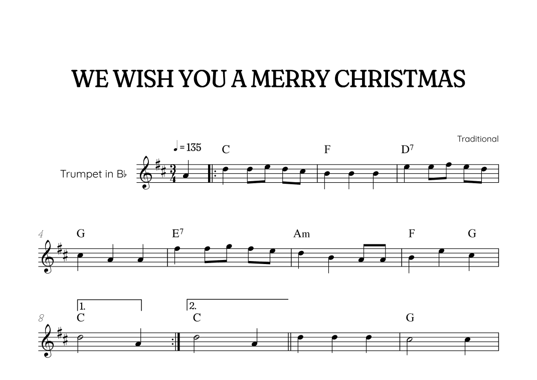 We Wish You a Merry Christmas for trumpet • easy Christmas sheet music with chords (arr. Benzaiten Editions)