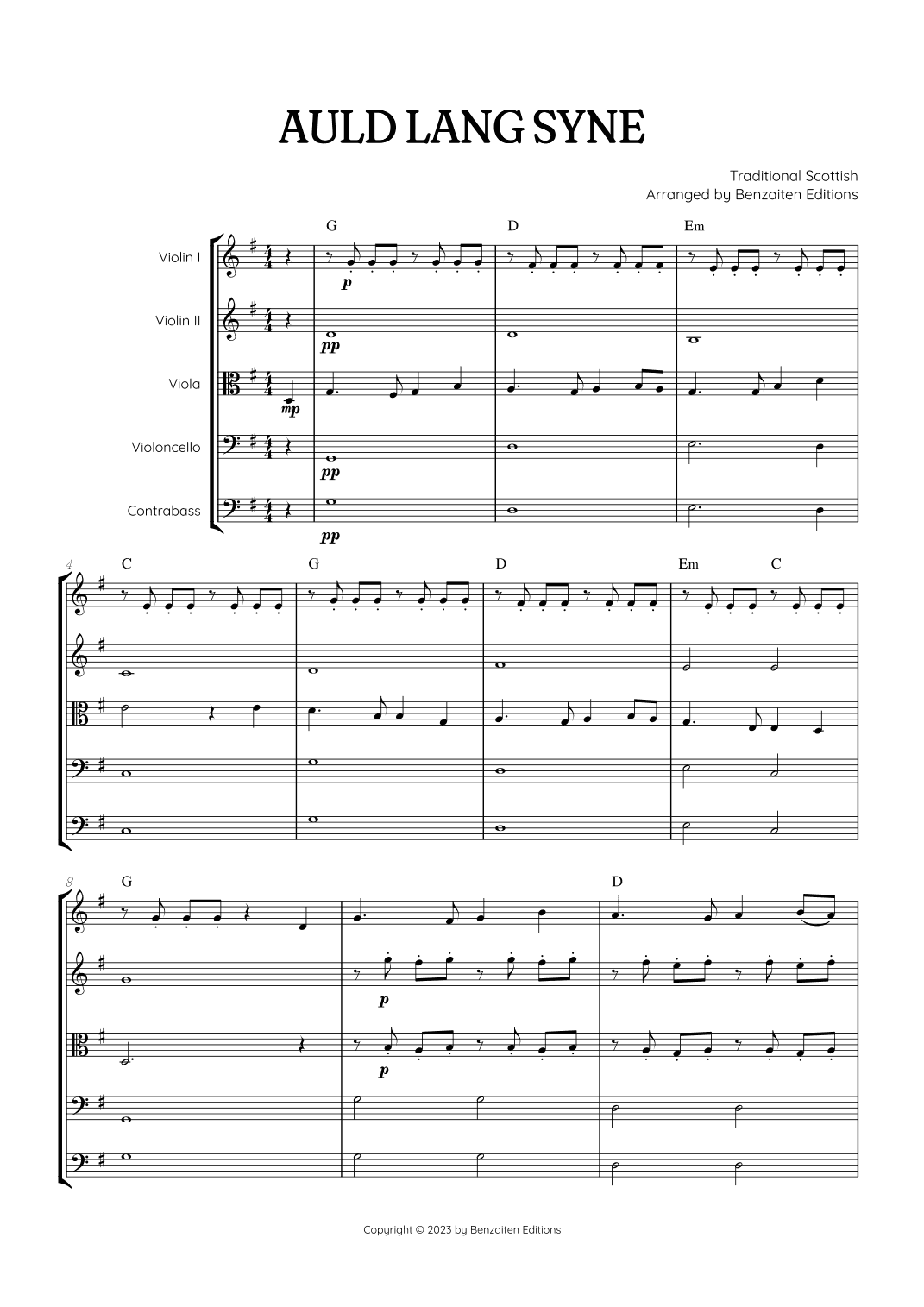 Auld Lang Syne • New Year's Anthem | String Quintet sheet music with chords (arr. Benzaiten Editions)