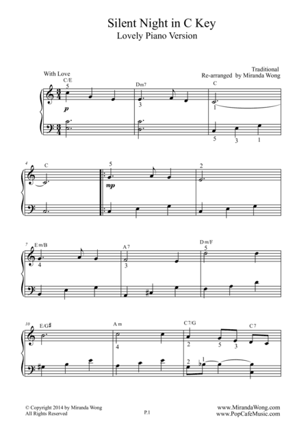 Silent Night in C Key - Easy Piano Solo (Lovely Version) (arr. Miranda Wong)