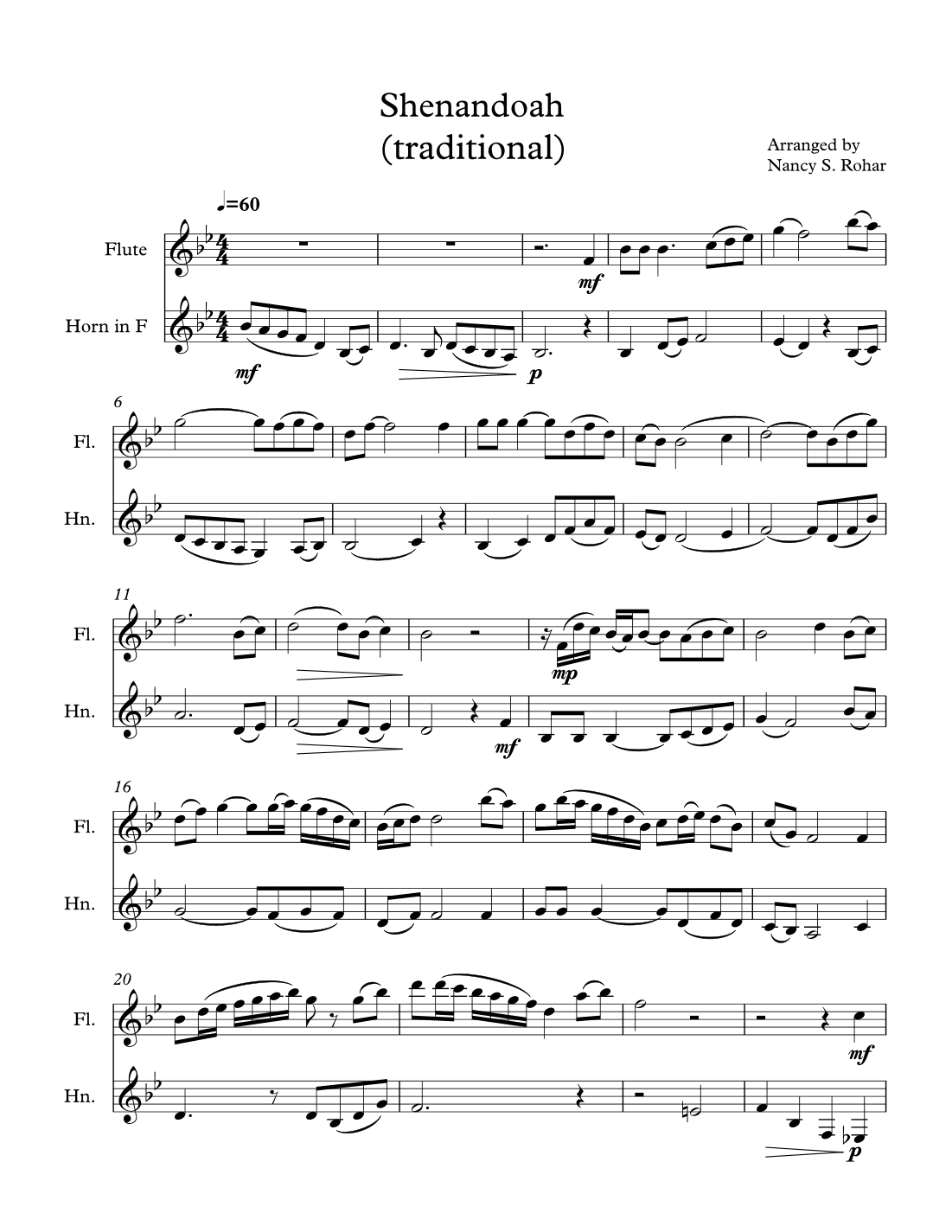 Shenandoah for Flute and Horn (arr. Nancy Shafer Rohar)