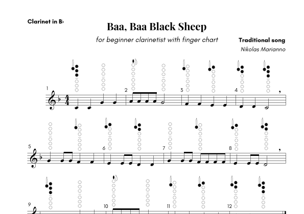 Baa, Baa Black Sheep for beginner clarinetist with finger chart (arr. Nikolas Marianno)