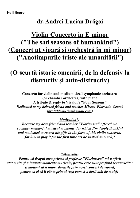 Violin Concerto in E minor ("Concert pt vioara orchestra in mi minor") - full score&parts (686 pag)
