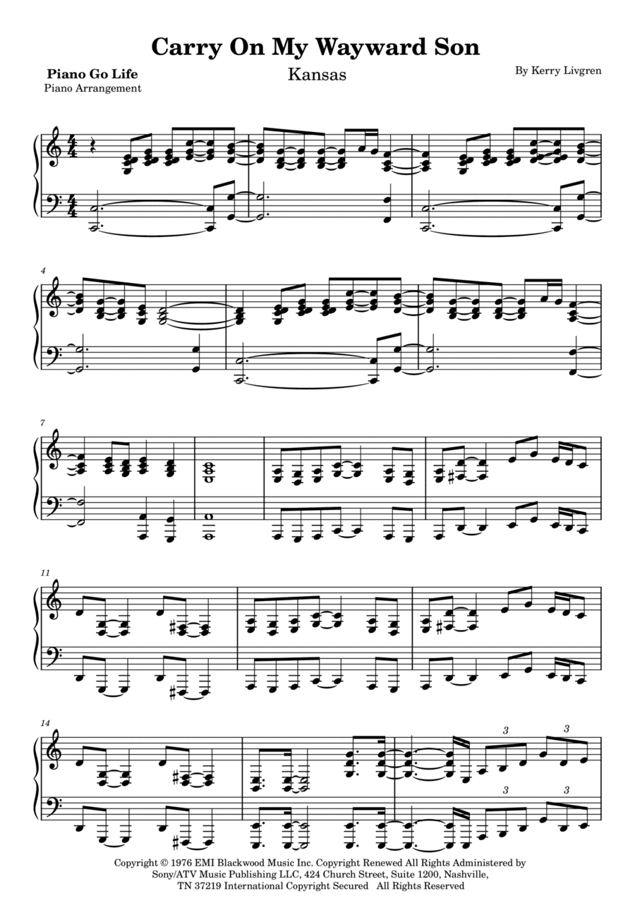 Carry On Wayward Son (arr. Piano Go Life)
