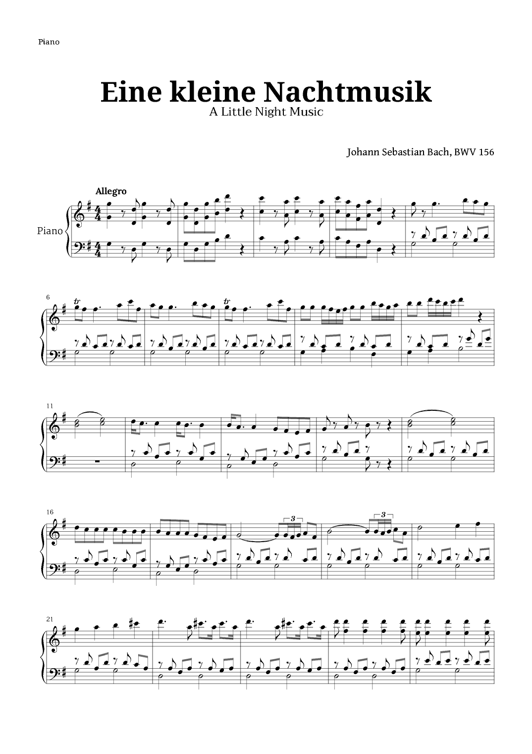 Eine kleine Nachtmusik by Mozart for Piano (arr. Langanho)