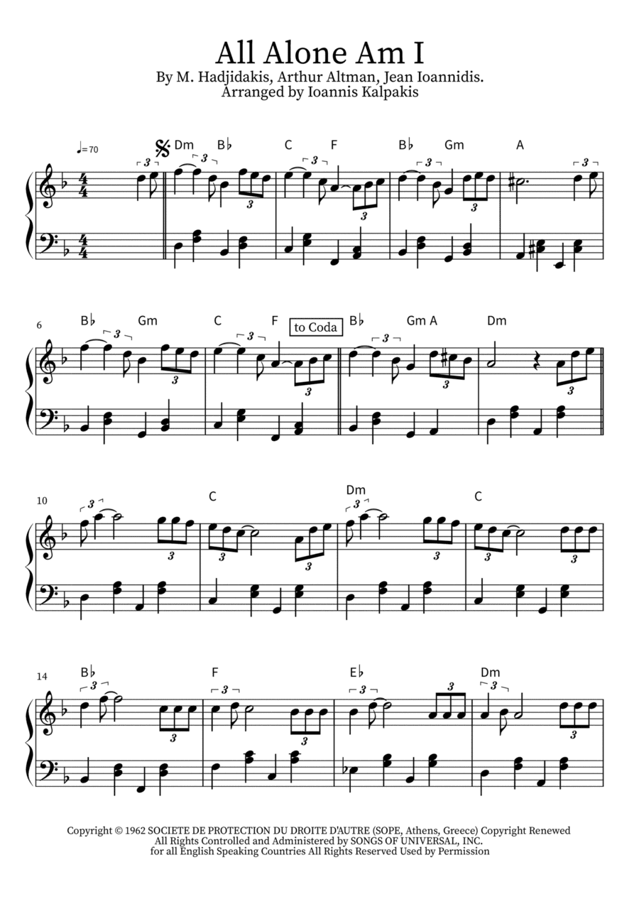 All Alone Am I (arr. Ioannis Kalpakis www.pianistas.gr)