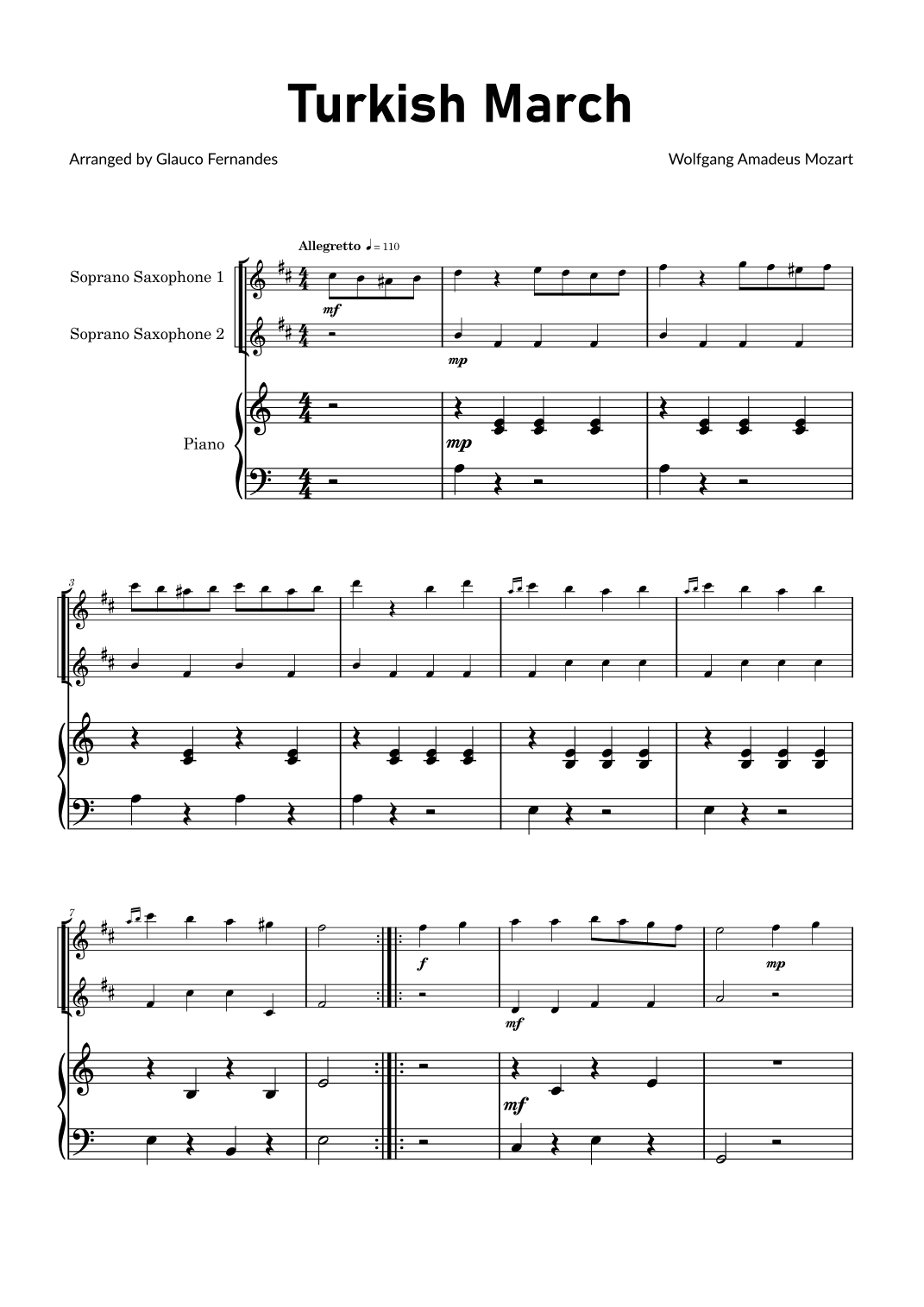 Turkish March by Mozart - Soprano Saxophone Duet with Piano (arr. Glauco Fernandes)