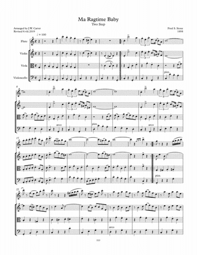 Ma Ragtime Baby, Two Step (1898), by Fred S. Stone, arranged for Flute & String Trio (arr. J.W. Carter)