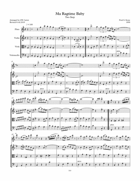Ma Ragtime Baby, Two Step (1898), by Fred S. Stone, arranged for Flute & String Trio (arr. J.W. Carter)
