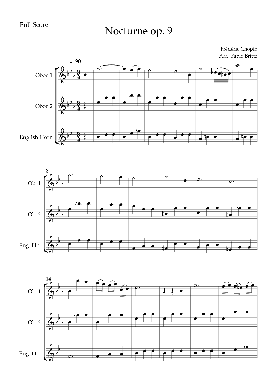 Nocturne Op.9 No. 2 (Frédéric Chopin) for Woodwind Trio (arr. Fabio Britto)