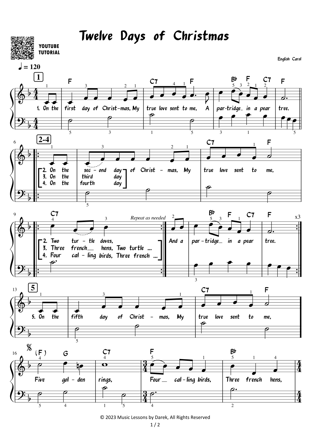 Twelve Days of Christmas - Christmas Carol [EASY PIANO] (arr. Darek)