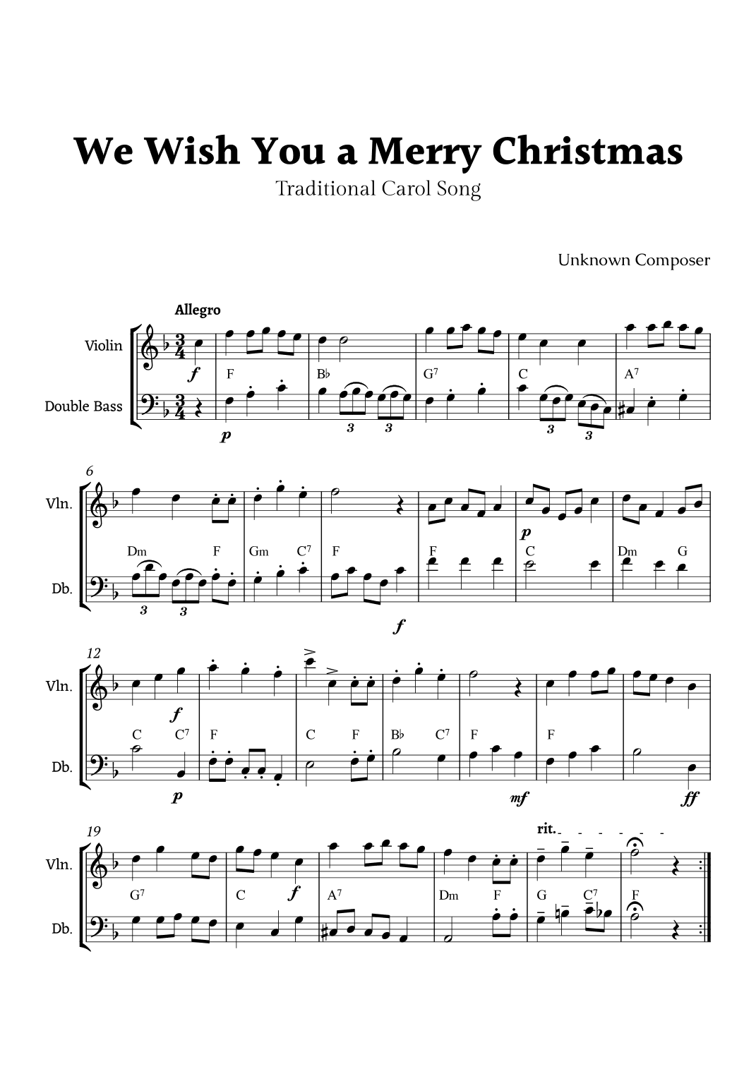 We Wish you a Merry Christmas for Violin and Double Bass Duet with Chords (arr. Rika K.)