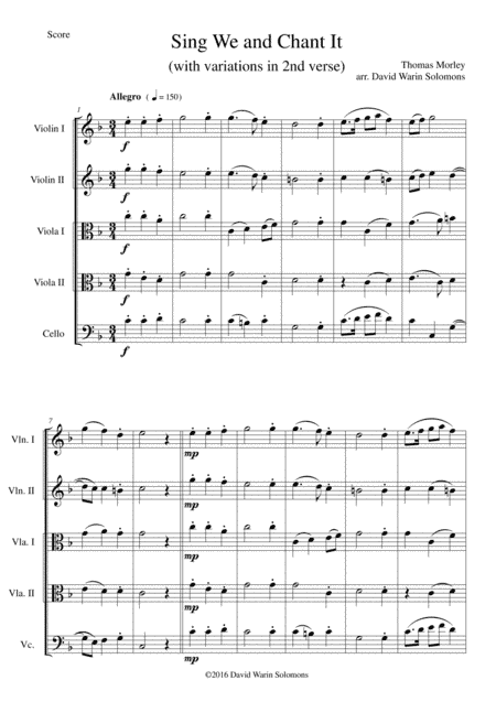 Sing we and chant it (with variations) for string quintet (2 violins, 2 violas and 1 cello) (arr. David Warin Solomons)