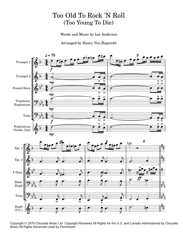 Too Old To Rock 'n Roll (too Young To Die) (arr. Henry Von Ruprecht)