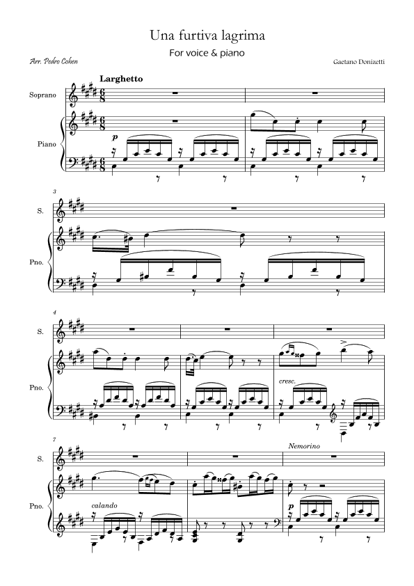 Una Furtiva Lagrima (Soprano in C#m) (arr. Pedro Cohen)