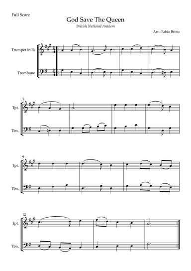 God Save The Queen (British National Anthem) for Trumpet in Bb & Trombone Duo (arr. Fabio Britto)
