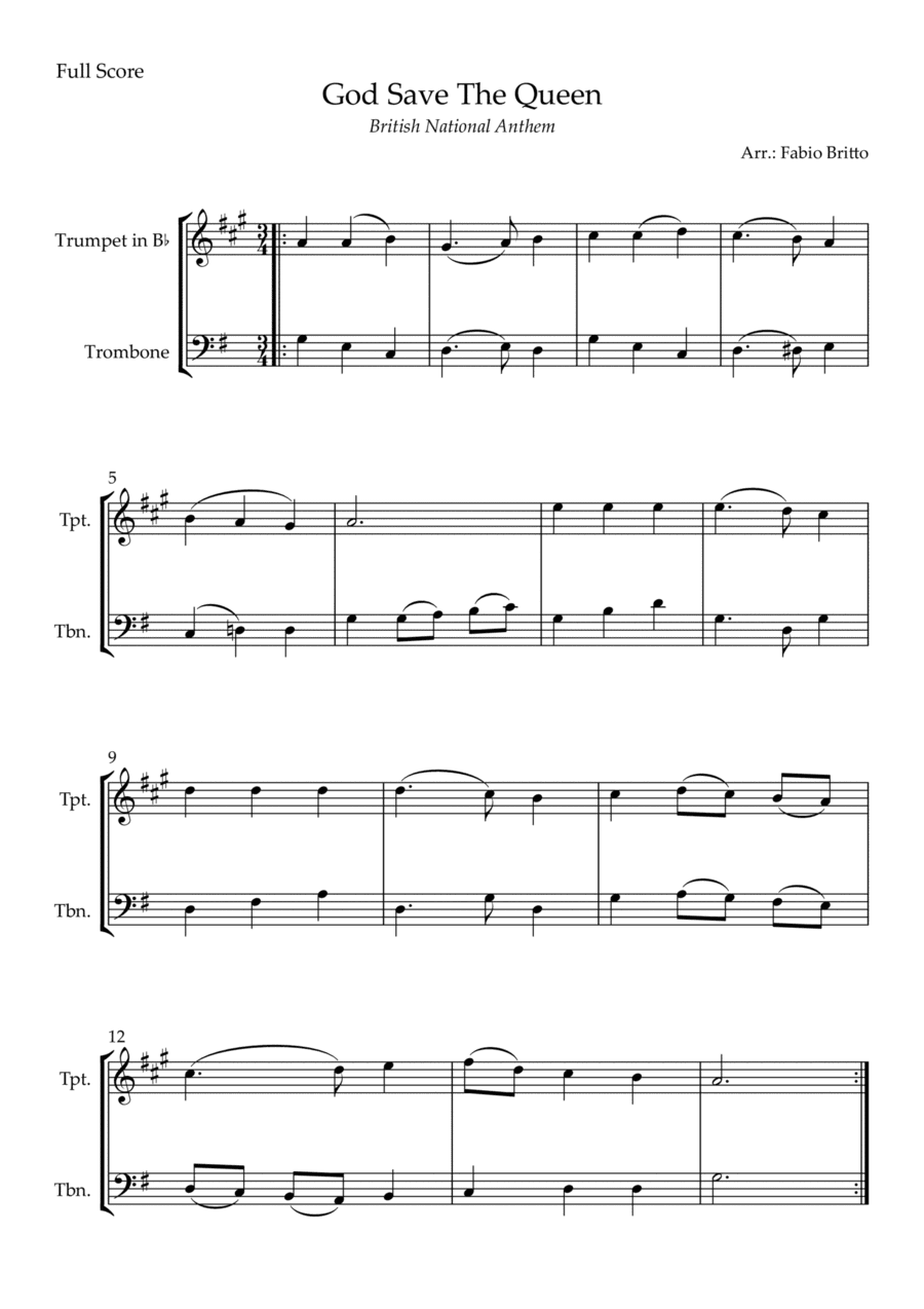 God Save The Queen (British National Anthem) for Trumpet in Bb & Trombone Duo (arr. Fabio Britto)
