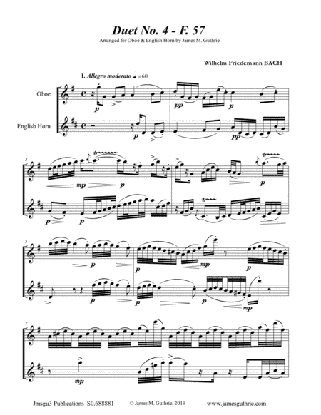 WF Bach: Duet No. 4 for Oboe & English Horn (arr. James M. Guthrie, ASCAP)