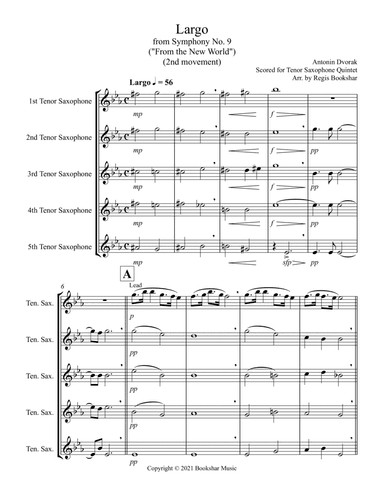Largo (from "Symphony No. 9") ("From the New World") (Db) (Tenor Saxophone Quintet) (arr. Regis Bookshar)
