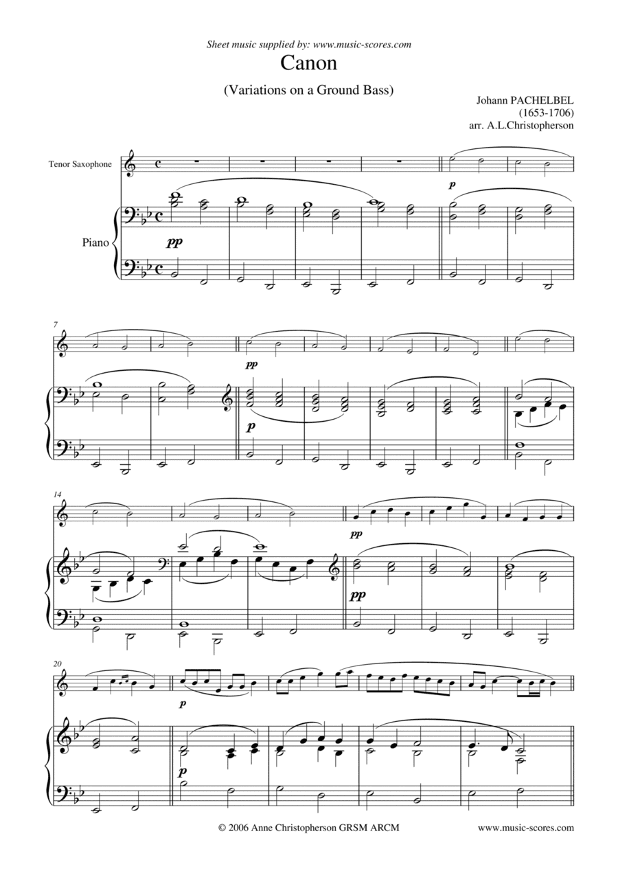 Pachelbel's Canon - Tenor Sax and Piano (arr. Anne L Christopherson GRSM ARCM)