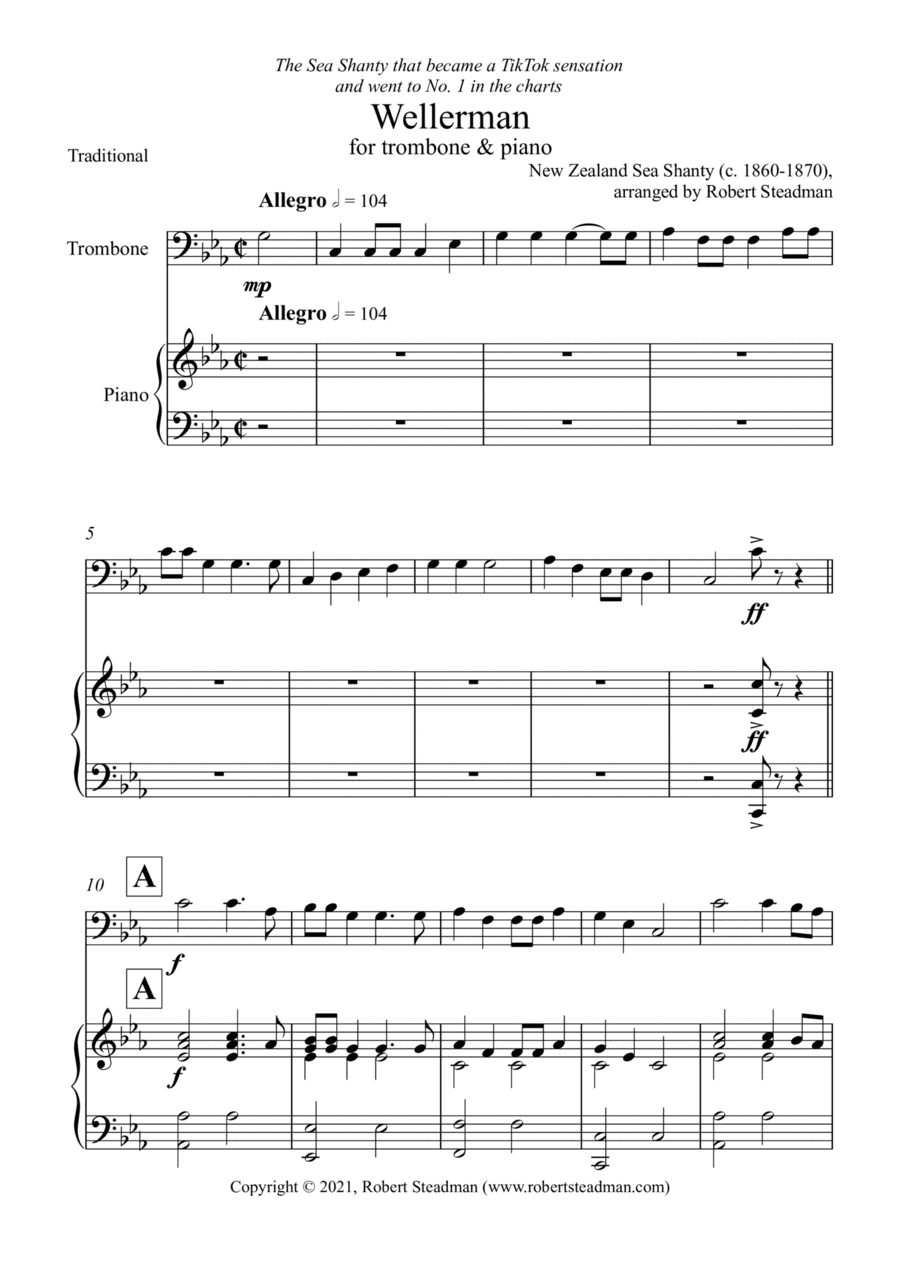 Wellerman (Trombone & Piano) - treble and bass clef trombone parts included (arr. Robert Steadman)