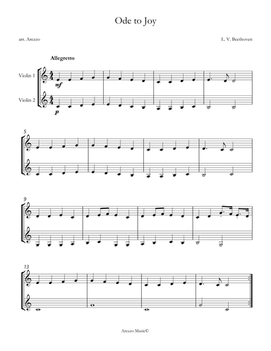 ode to joy violin duo sheet music for beginners in C (arr. Arezzo Music)