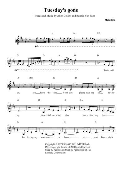Tuesday's Gone (arr. Duarte Publishing)