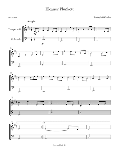 turlough'o carolan eleanor plunkett Trumpet and Cello sheet music (arr. Arezzo Music)
