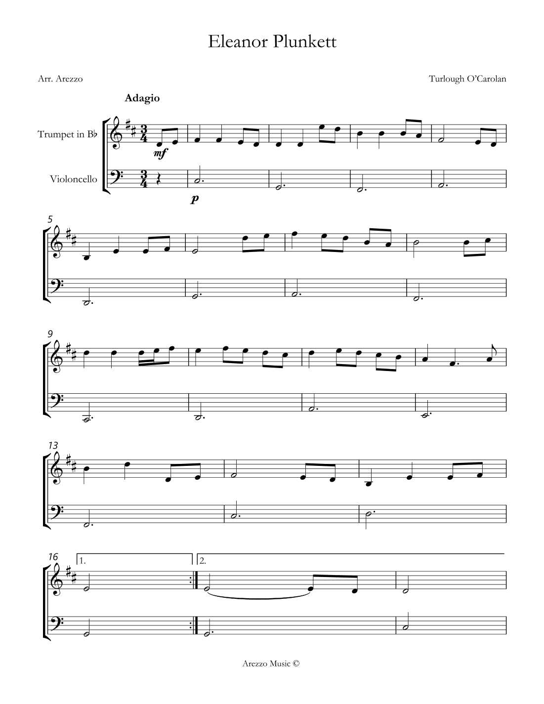 turlough'o carolan eleanor plunkett Trumpet and Cello sheet music (arr. Arezzo Music)