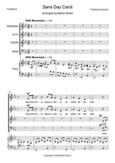 Sans Day Carol - Now the holly bears a berry - 4 part choir - SATB - Mixed Voices (arr. M & J Dover)