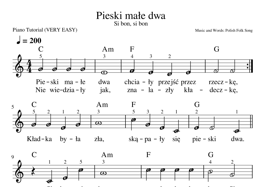 Pieski male dwa (Si bon, si bon), Polish Folk Song [VERY EASY PIANO] (arr. Darek)