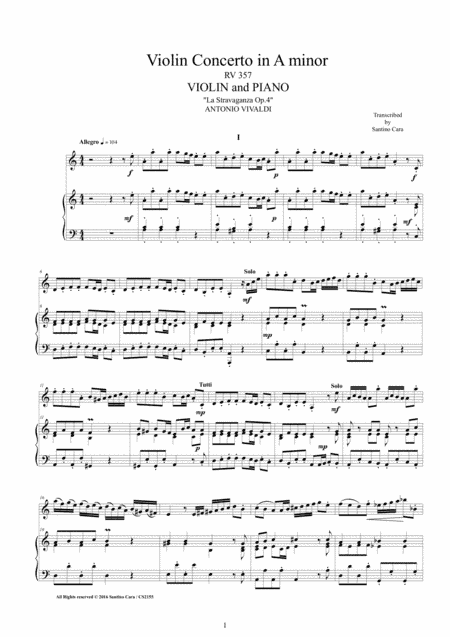 Vivaldi - Violin Concerto in A minor RV 357 Op.4 No.4 for Violin and Piano (arr. Santino Cara)