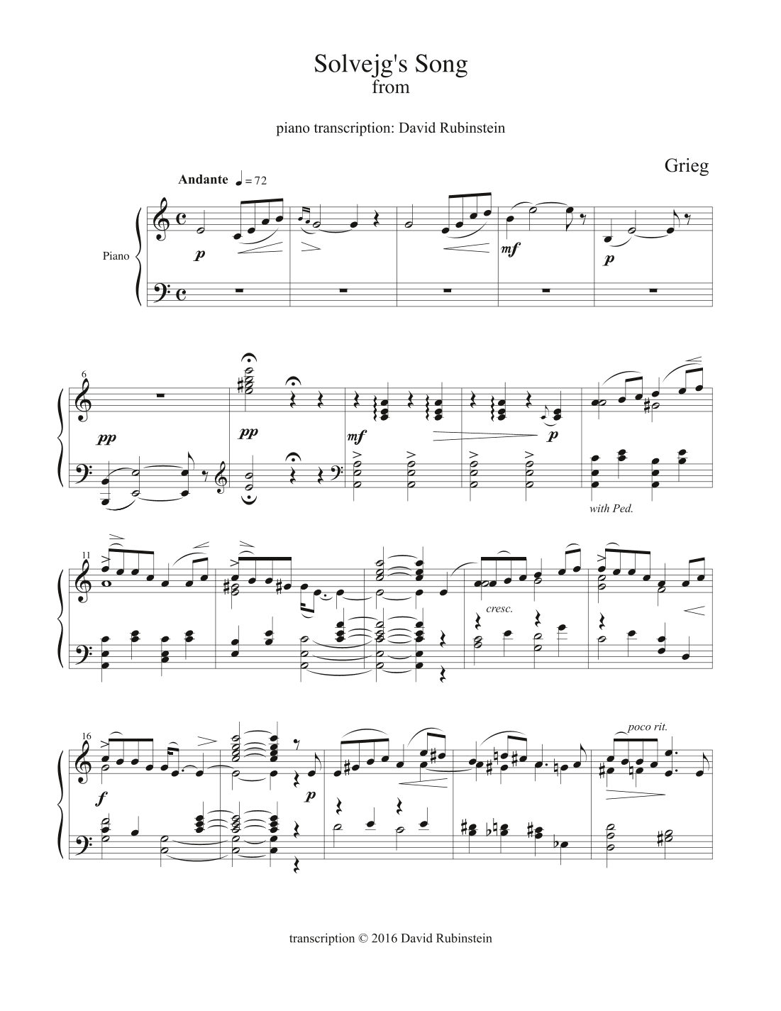 Solvejg's Song - piano transcription (arr. David Rubinstein)