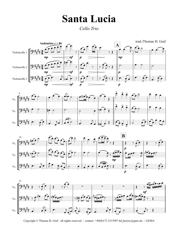 Santa Lucia - Italian Folk Song - Here in the twighlight - Cello Trio (arr. Thomas Graf)