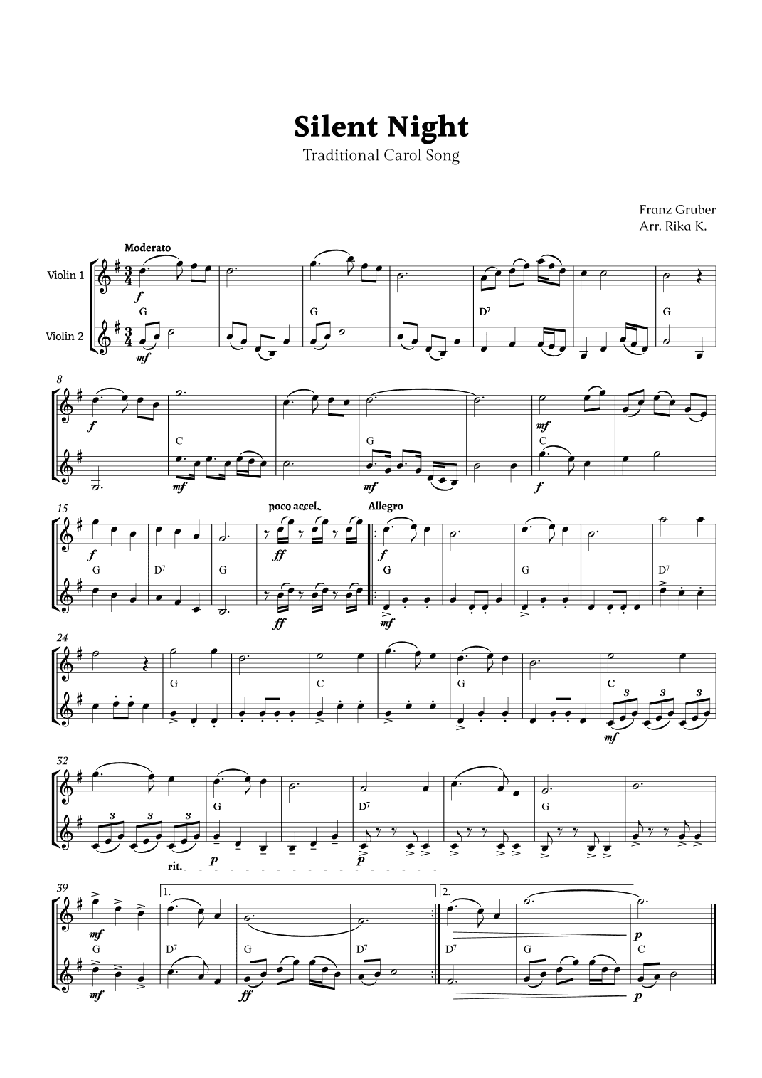 Silent Night for Violin Duet (arr. Rika K.)