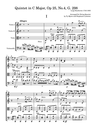 String Quintet in C Major, Op. 25 No. 4 (G.298) - arranged for String Quartet (arr. Ty Myers and Stephanie Lemoine)