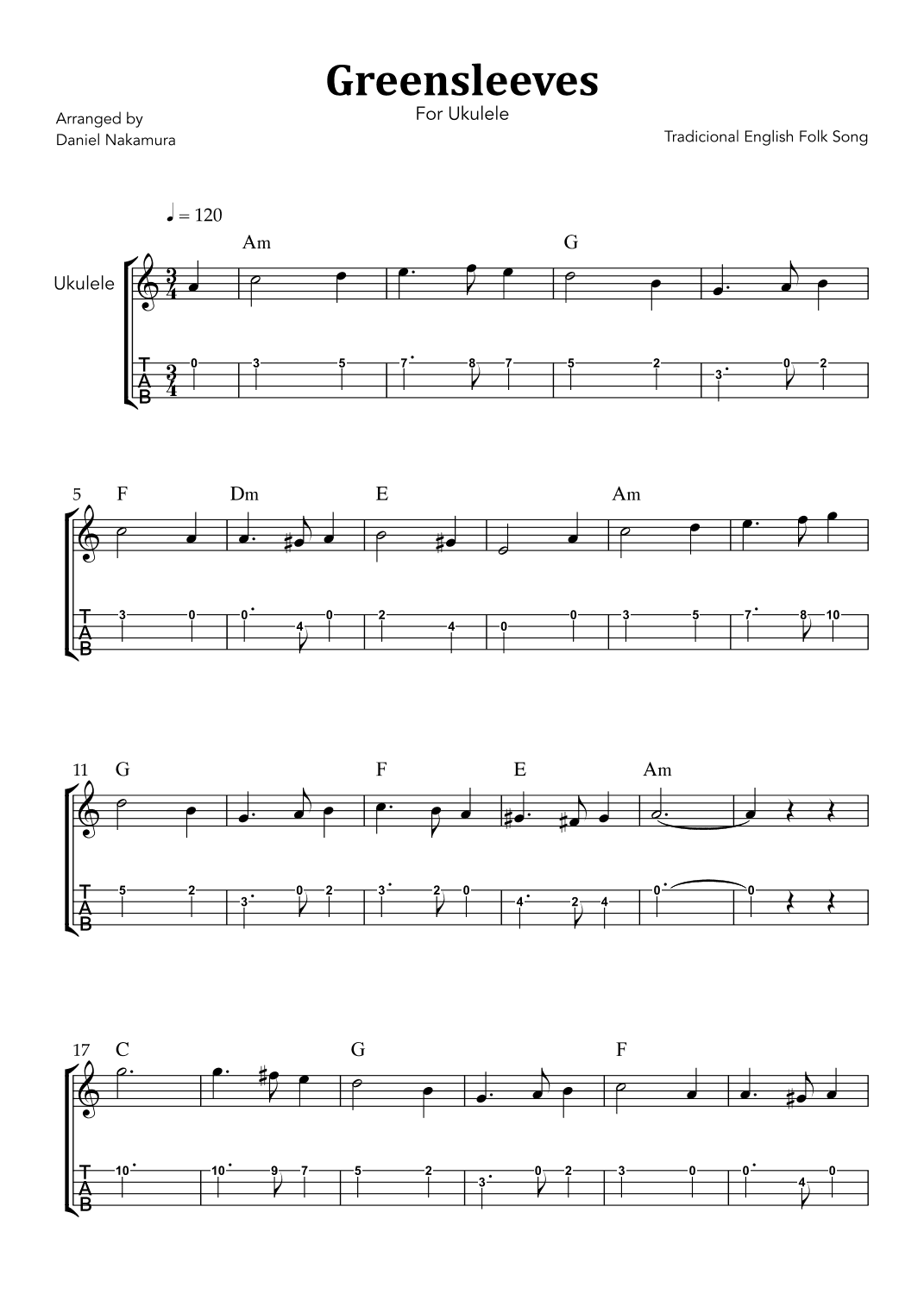 Greensleeves (for Ukulele with TAB) (arr. Daniel Nakamura)