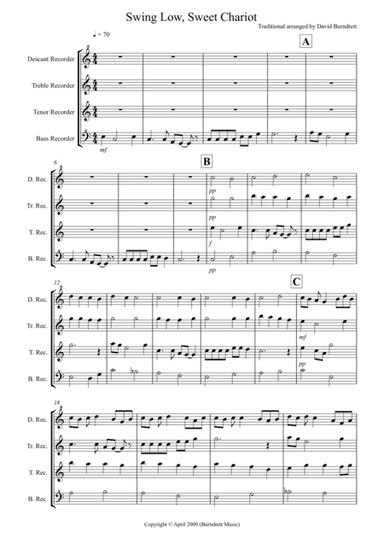 Swing Low, Sweet Chariot for Recorder Quartet (arr. David Burndrett)