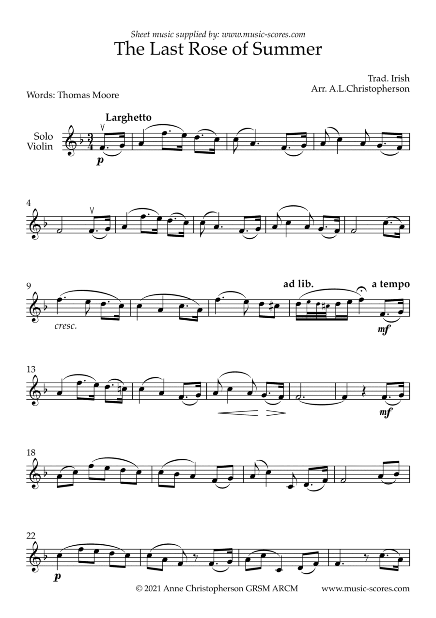 The Last Rose of Summer - Unaccompanied Violin (arr. Anne L Christopherson GRSM ARCM)