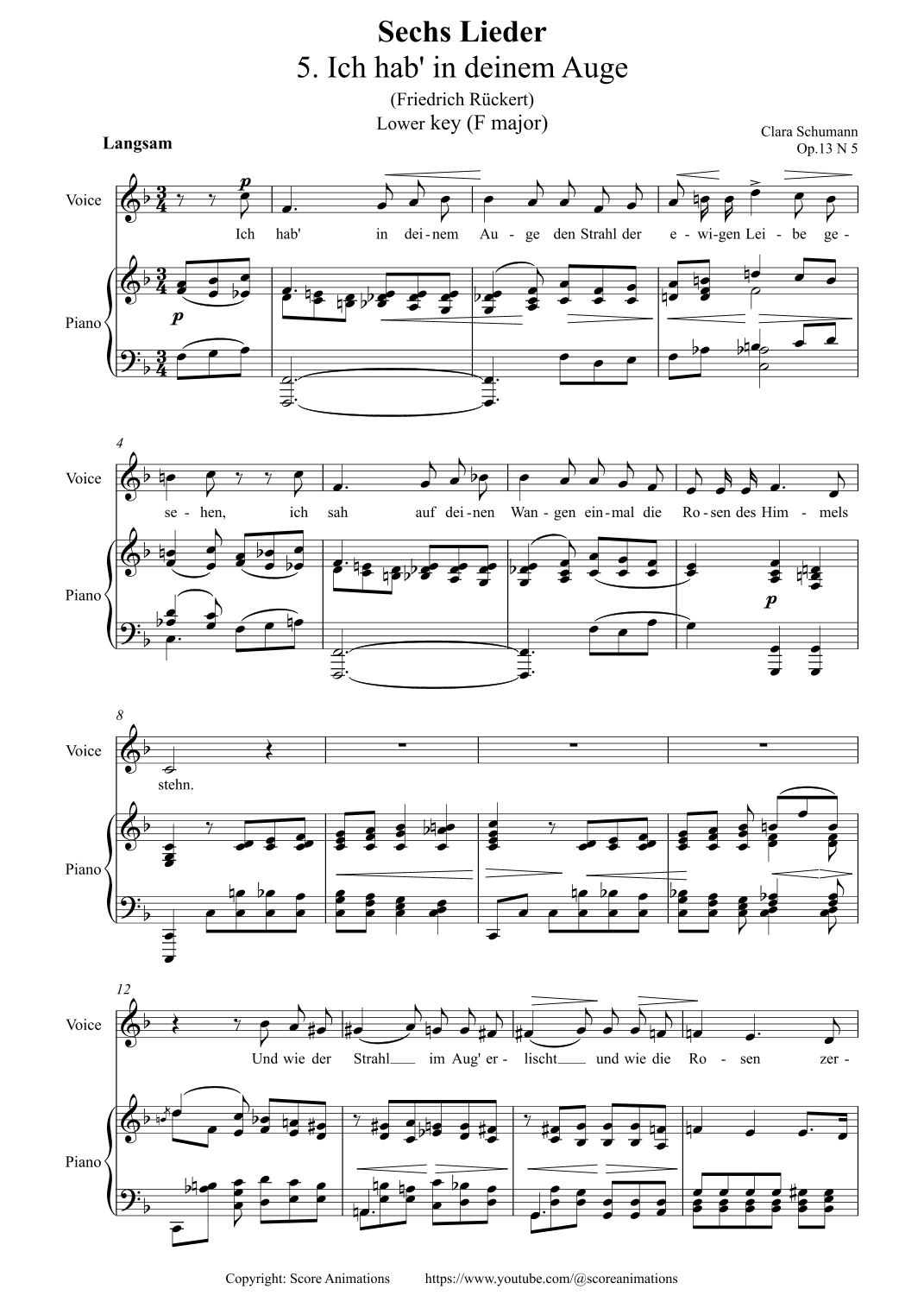 C.SCHUMANN. Ich hab' in deinem Auge Op 13 N5 in F major (Lower key) (arr. Score Animations)