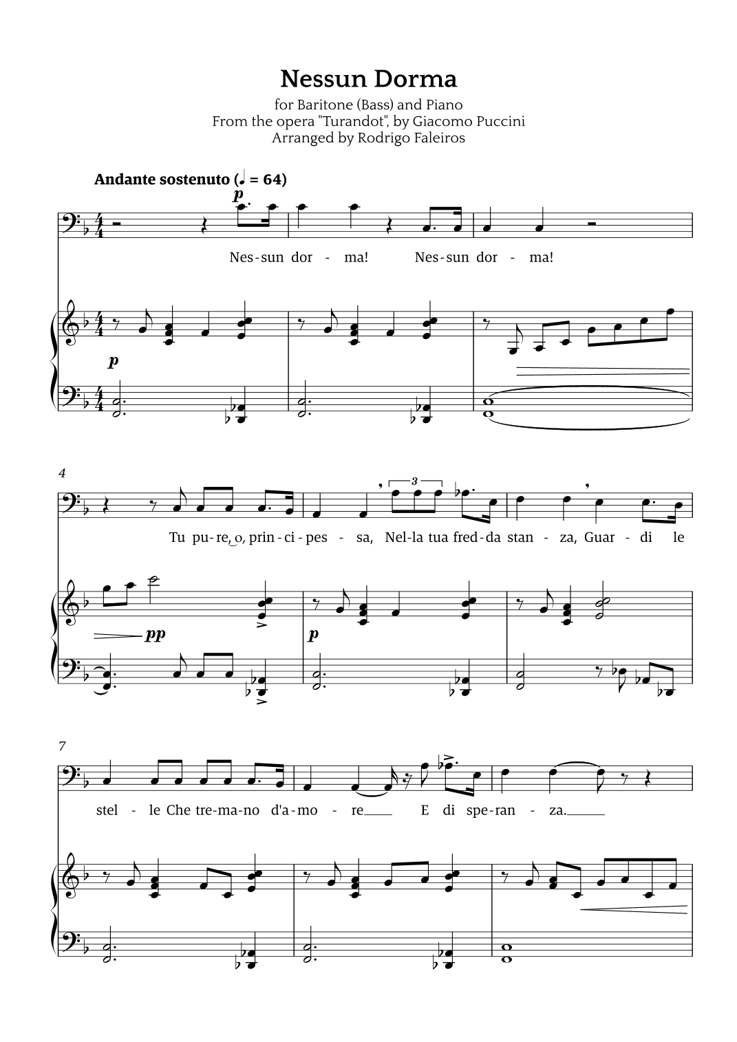 Nessun Dorma (for baritone or bass and piano) (arr. Rodrigo Faleiros)