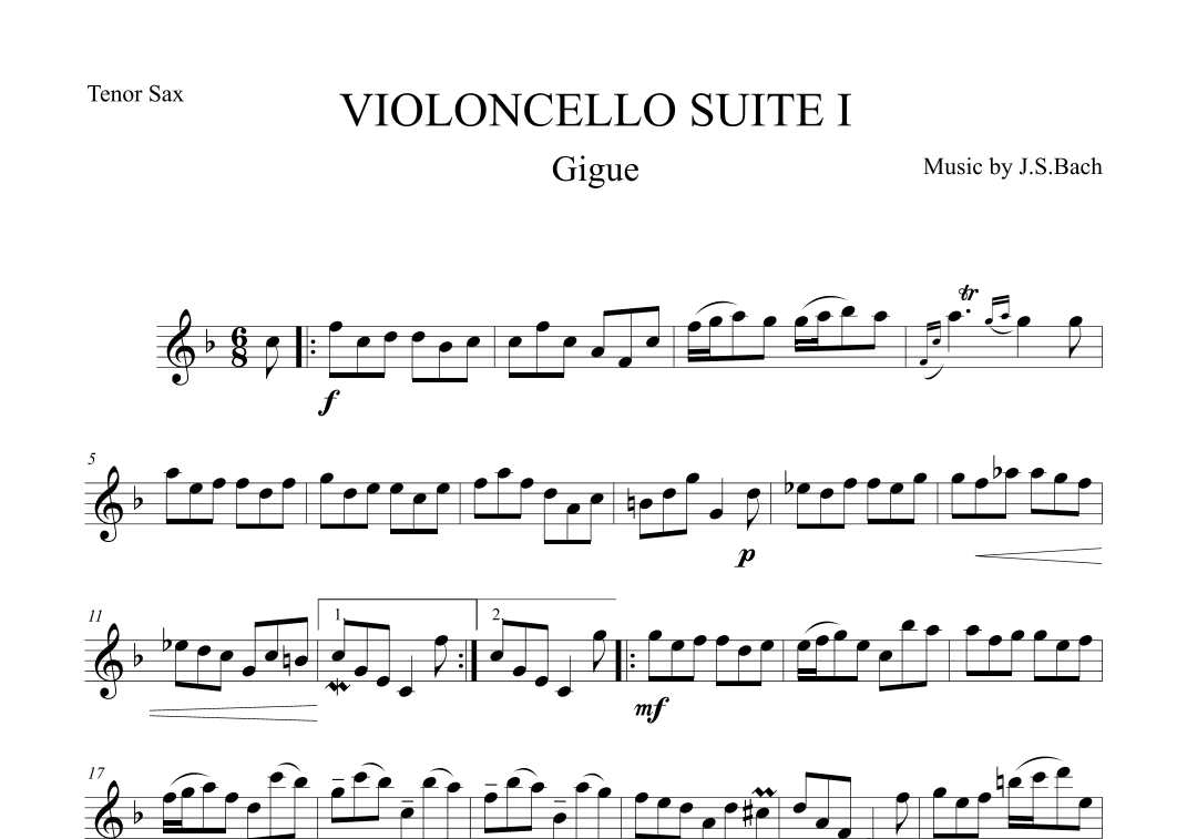 Gigue from Violoncello Suite I by J.S.Bach for Tenor Saxophone (arr. The Sheet Music Library)