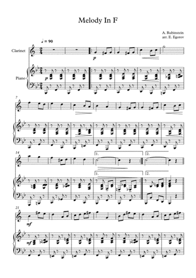 Melody In F, Anton Rubinstein, For Clarinet & Piano (arr. Eugene Egorov)